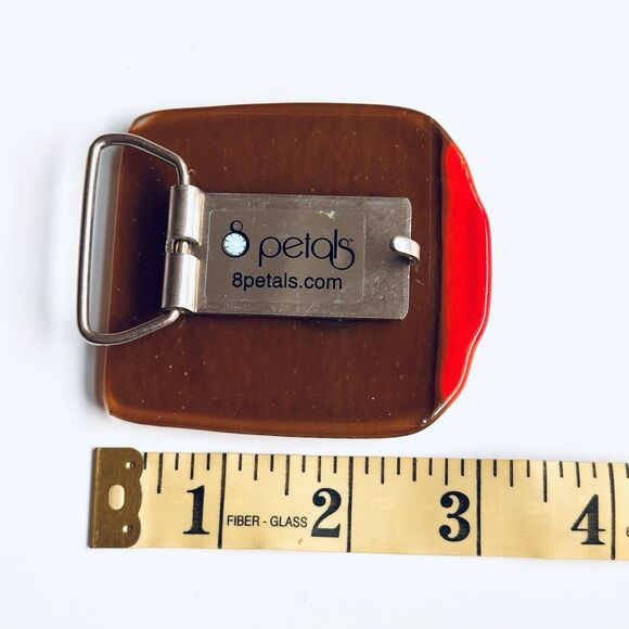 VTG Fused Art Glass Belt Buckle Abstract Brown Orange Colorblock Mod Retro Indie - Picture 7 of 8